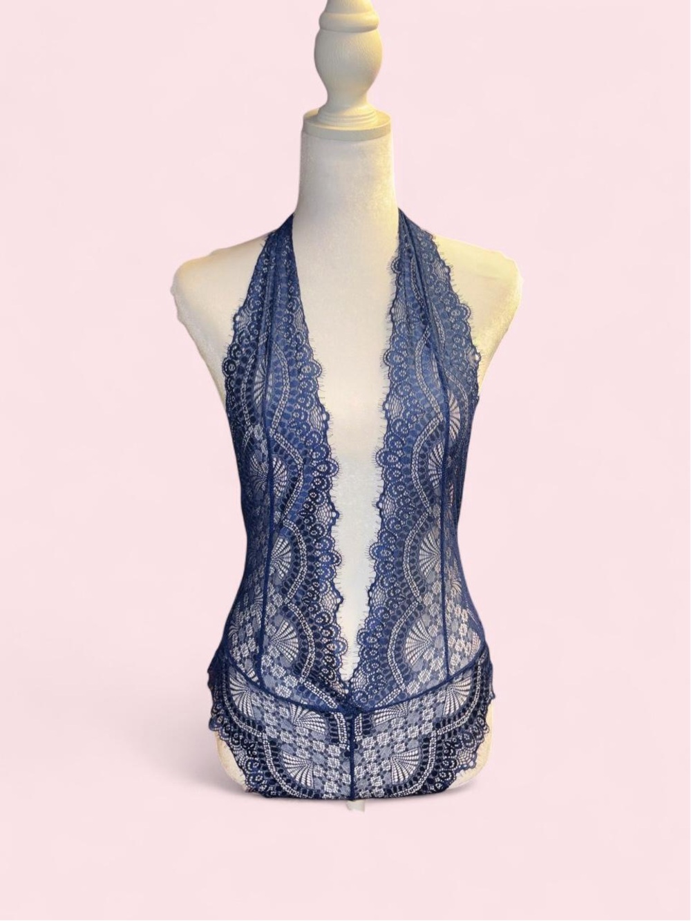 Navy Lace Halter Teddy Bodysuit